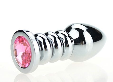 Серебристая фигурная анальная пробка с розовым кристаллом - 10,3 см. - 4sexdreaM - купить с доставкой в Нижнем Новгороде
