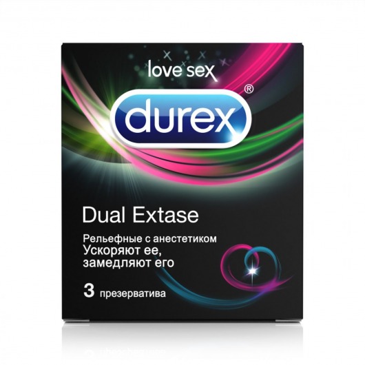 Рельефные презервативы с анестетиком Durex Dual Extase - 3 шт. - Durex - купить с доставкой в Нижнем Новгороде