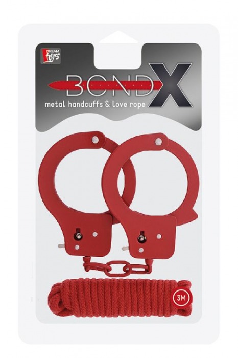 Красные наручники из листового металла в комплекте с веревкой BONDX METAL CUFFS LOVE ROPE SET - Dream Toys - купить с доставкой в Нижнем Новгороде