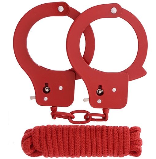 Красные наручники из листового металла в комплекте с веревкой BONDX METAL CUFFS LOVE ROPE SET - Dream Toys - купить с доставкой в Нижнем Новгороде
