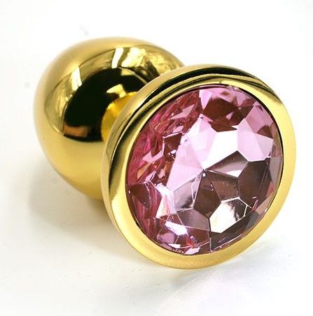 Золотистая алюминиевая анальная пробка с светло-розовым кристаллом - 6 см. - Kanikule - купить с доставкой в Нижнем Новгороде
