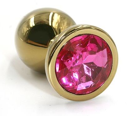 Золотистая алюминиевая анальная пробка с ярко-розовым кристаллом - 6 см. - Kanikule - купить с доставкой в Нижнем Новгороде