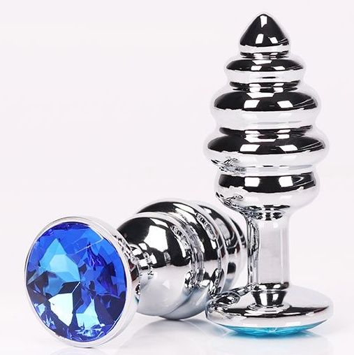 Серебристая фигурная анальная пробка с синим кристаллом - 8 см. - 4sexdreaM - купить с доставкой в Нижнем Новгороде