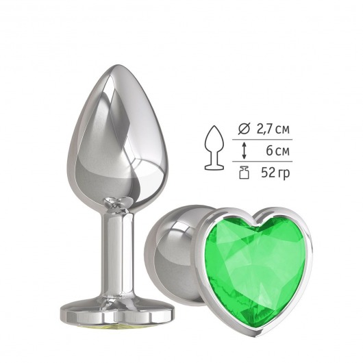 Серебристая анальная втулка с зеленым кристаллом-сердцем - 7 см. - Джага-Джага - купить с доставкой в Нижнем Новгороде