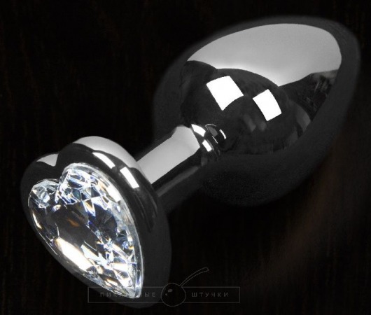 Серая анальная пробка с прозрачным кристаллом в виде сердечка - 8,5 см. - Пикантные штучки - купить с доставкой в Нижнем Новгороде