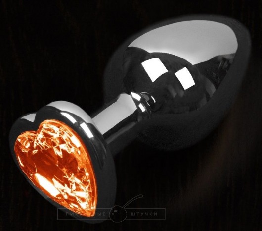 Серая анальная пробка с оранжевым кристаллом в виде сердечка - 8,5 см. - Пикантные штучки - купить с доставкой в Нижнем Новгороде