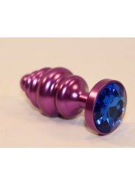 Фиолетовая рифленая пробка с синим кристаллом - 7,3 см. - 4sexdreaM - купить с доставкой в Нижнем Новгороде